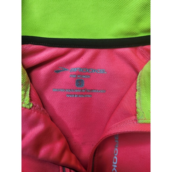 Brooks Womens Neon Pink Lime Green Quarter Zip Running Top Small Thumbholes - Picture 5 of 11